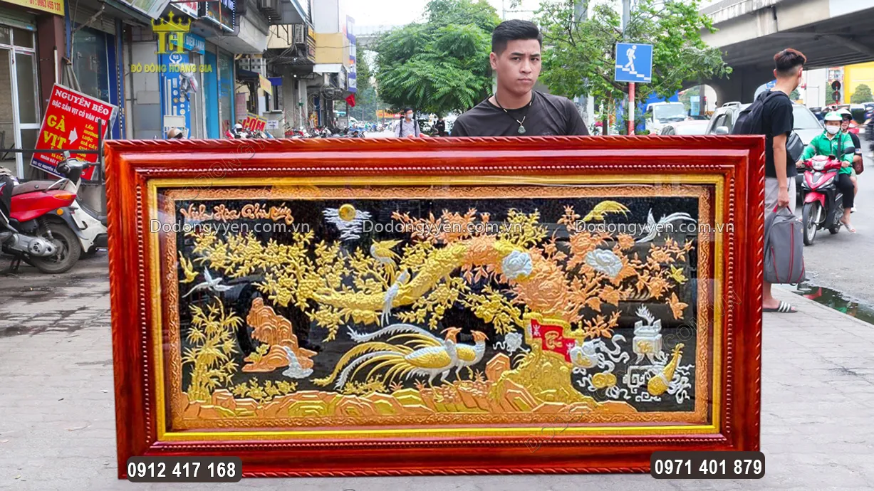 Tranh Vinh Hoa Ph&uacute; Qu&yacute; Mạ Tam Kh&iacute; Khung Gỗ Hương